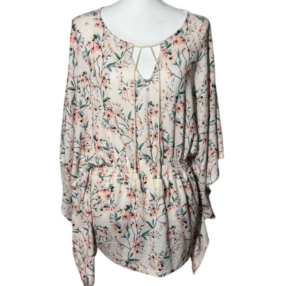 Signature Studio floral boho tunic top L pink green tie waist lightweight blouse